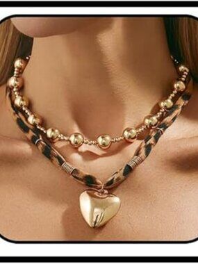 NEW Chunky Gold Heart Necklace Y2K large Heart Pendant Leopard Print Scarf Puffy